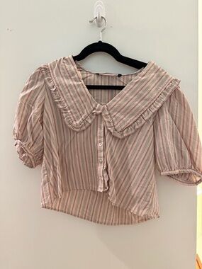 Striped Ruffle Peter Pan Collar Blouse - Pink & Blue